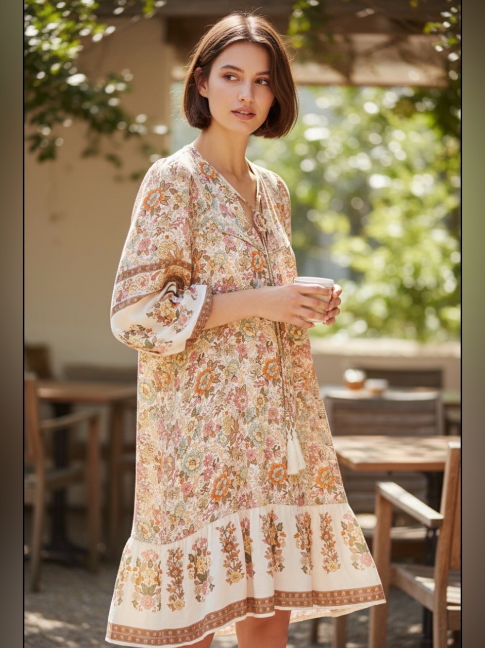 Floral Boho Tie-Neck Dress in Cream & warm tones XL NWOT!